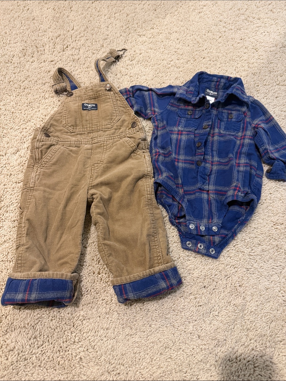 OshKosh B'gosh Tan Corduroy/Flannel Overalls and Shirt Set